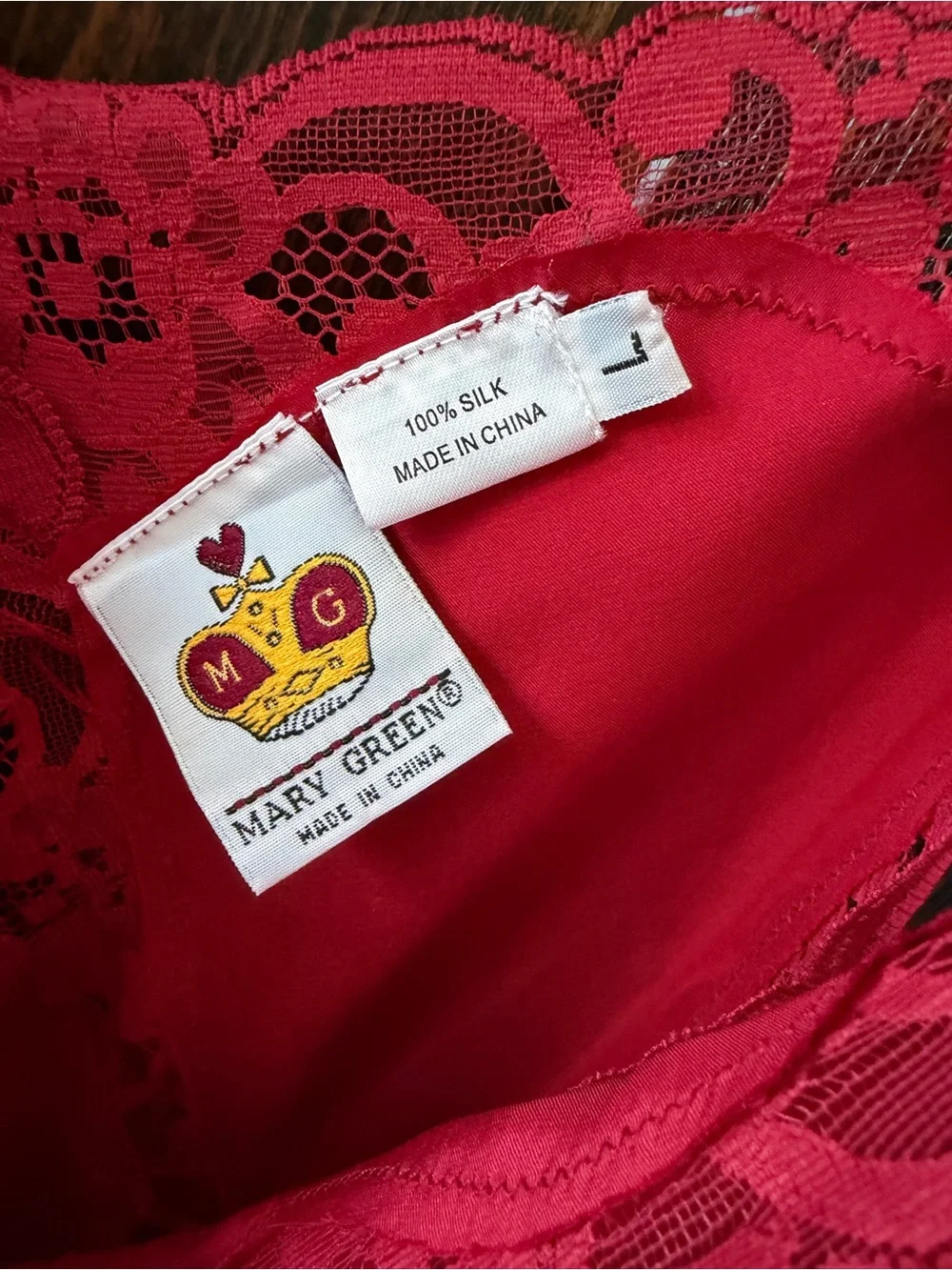 Mary Green 100% Silk Lace Chemise Slip Nightgown Red L Luxury Lingerie Sleep